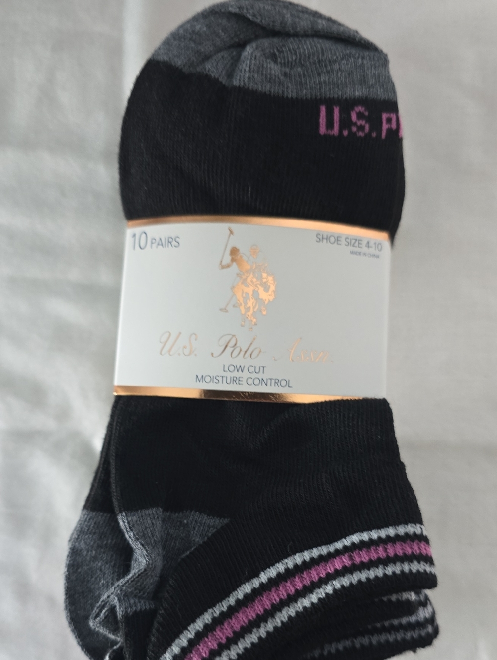 U.S. Polo Assn. Low Cut Athletic Socks - Black, Gray & Pink Stripes